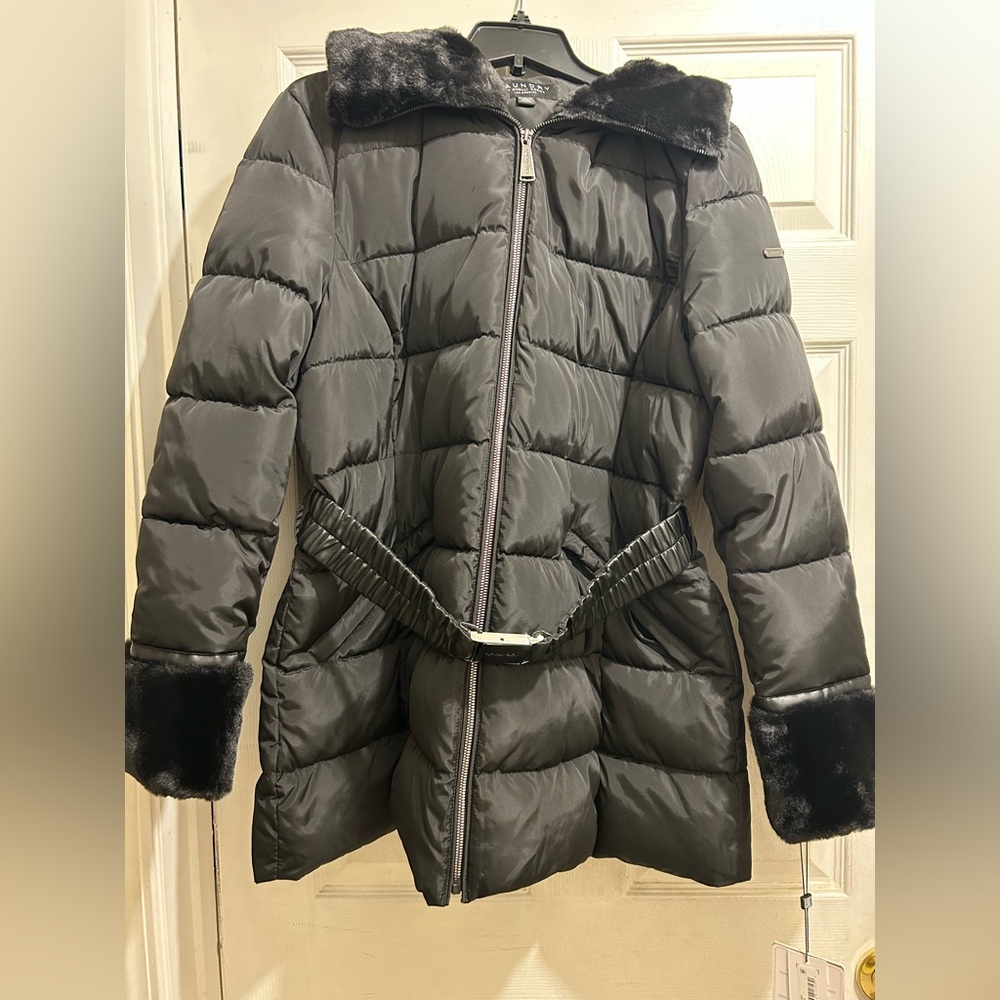 Black Puffer Coat with Faux Fur Trim